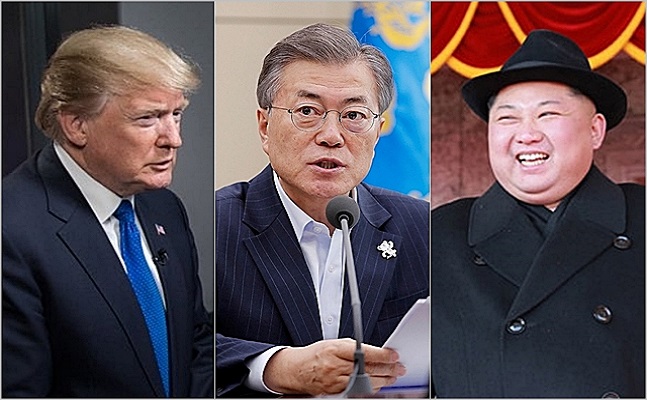 왼쪽부터 도널드 트럼프 미국 대통령, 문재인 대통령, 김정은 북한 노동당 위원장.ⓒ데일리안/연합뉴스