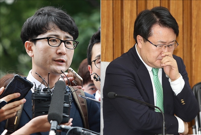 이준서(왼쪽) 국민의당 전 최고위원이 지난해 7월 서울남부지법에서 영장실질심사에 출석하고 있다. 송기석 전 국민의당 의원 (자료사진) ⓒ데일리안 홍금표 기자