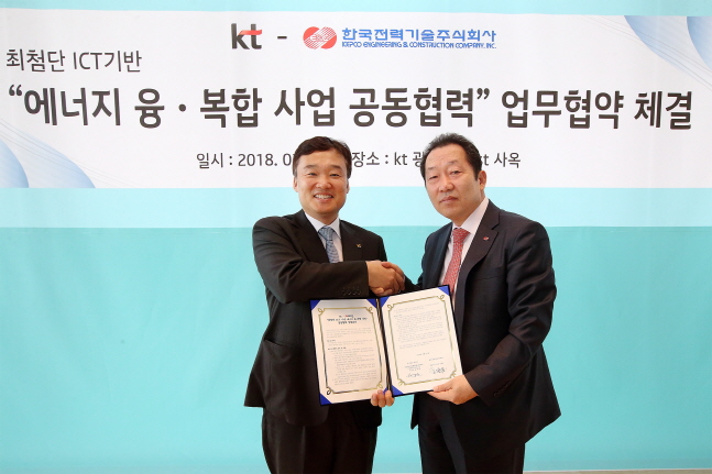 KT 윤경림 미래융합사업추진실장(왼쪽)과 한국전력기술 이배수 대표이사. ⓒ KT