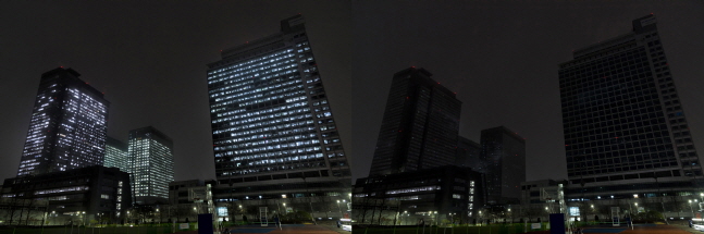21일 저녁 '지구촌 전등끄기' 캠페인 실시 전(왼쪽)과 실시 후 수원 '삼성 디지털시티' 전경 비교 사진.ⓒ삼성전자