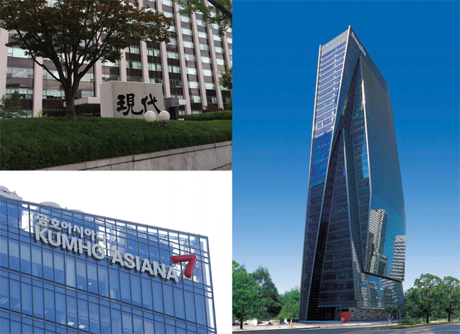 왼쪽 위부터 시계방향으로 현대중공업 계동사옥, DB금융센터, 금호아시아나 본사.ⓒ데일리안 DB