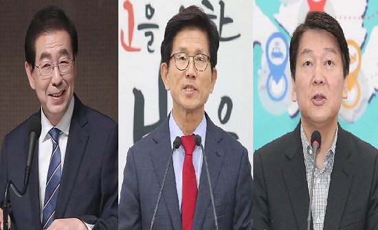 왼쪽부터 더불어민주당 서울시장 후보 박원순, 자유한국당 후보 김문수, 바른미래당 안철수 후보 ⓒ데일리안