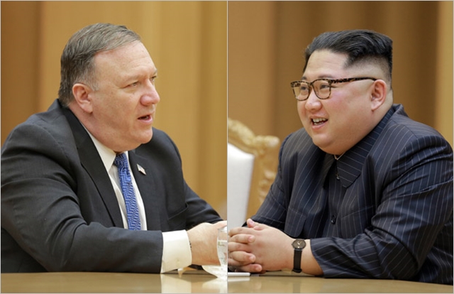 김정은(오른쪽) 북한 국무위원장과 마이크 폼페이오 미국 국무장관이 9일 평양에서 회동하고 있다. ⓒ조선중앙통신 