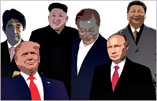 왼쪽부터 아베 신조 일본총리, 도널드 트럼프 미국 대통령, 김정은 북한 국무위원장, 문재인 대통령, 블라디미르 푸틴 러시아 대통령, 시진핑 중국 국가주석 ⓒ데일리안 
