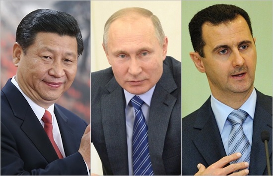 (왼쪽부터) 시진핑 중국 국가주석, 블라디미르 푸틴 러시아 대통령, 바샤르 알아사드 시리아 대통령. ⓒ블라디미르 푸틴 트위터, BBC뉴스 캡처 
