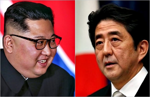 김정은 북한 국무위원장(왼쪽)과 아베 신조 일본 총리 ⓒ조선중앙통신·NHK