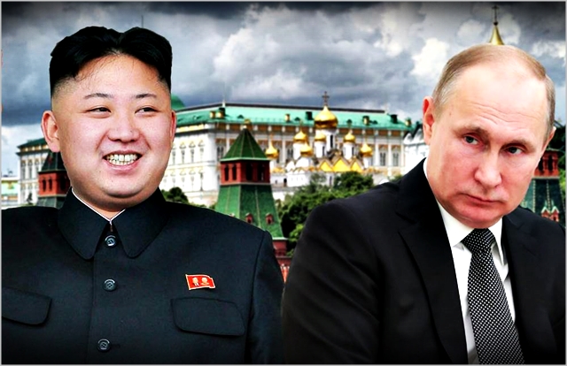 김영남 북한 최고인민회의 상임위원장이 블라디미르 푸틴 러시아 대통령(오른쪽)을 만나 김정은 북한 국무위원장(왼쪽)의 친서를 전달했다고 조선중앙통신이 보도했다. ⓒ데일리안