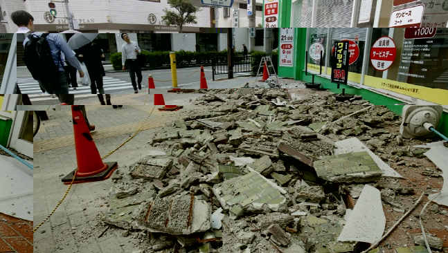 18일 일본 오사카부에서 규모 5.9의 지진이 발생해 한 상가 외벽이 무너져 있다.ⓒ연합뉴스