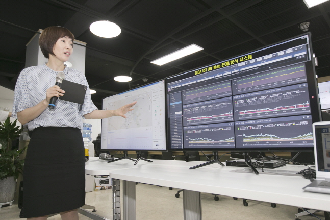 권혜진 KT 상무가 지난 12일 과천에 위치한 KT INS운용센터에서 미세먼지 통합관제에 대해 설명하고 있다. ⓒ KT