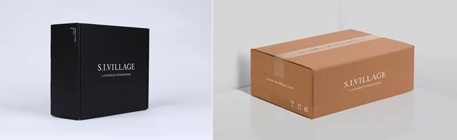 신세계인터내셔날의 현재 택배 박스(왼쪽)와 교체될 친환경 택배 박스 샘플(오른쪽). ⓒ신세계인터내셔날