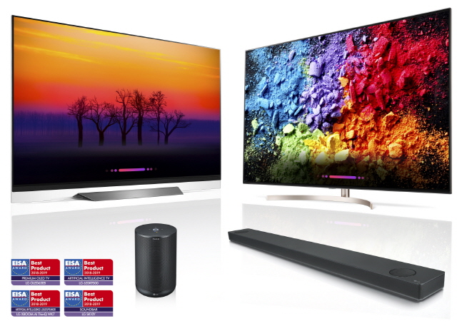 사진 왼쪽 상단부터 시계방향으로 'LG 올레드 TV AI 씽큐', 'LG 슈퍼 울트라HD TV AI 씽큐', 'LG 사운드 바', 'LG 엑스붐 AI 씽큐'.ⓒLG전자