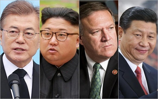 (왼쪽부터) 문재인 대통령, 김정은 북한 국무위원장, 마이크 폼페이오 미국 국무장관, 진핑 중국 국가주석 ⓒ청와대, 조선중앙통신, BBC