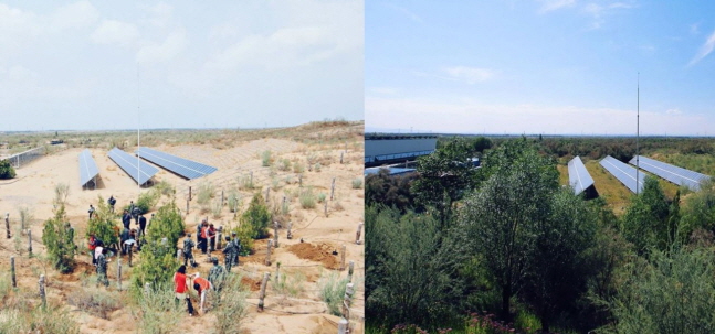 중국 닝샤 지역 사막에 한화 태양의 숲을 조성하기 전(왼쪽·2013년)과 후(오른쪽·2017년)의 모습.ⓒ한화