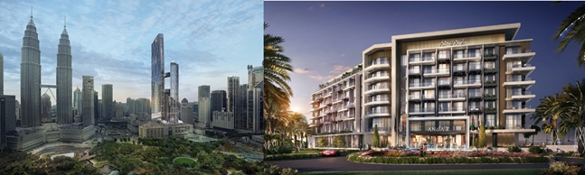쌍용건설이 수주한 말레이시아 Oxley Towers 조감도(왼쪽)와 두바이 Andaz Hotel 조감도. ⓒ쌍용건설