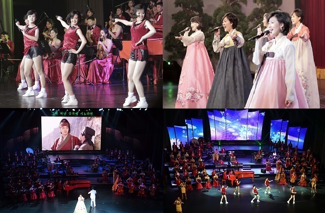 남북 정상 내외가 참석해 18일 평양대극장에서 열린 삼지연 관현악단의 환영공연에서 단원들이 열띤 공연을 펼치고 있다. ⓒ평양사진공동취재단