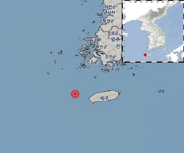 25일 오전 4시5분쯤 제주 제주시 서쪽 68㎞ 해역에서 규모 2.5 지진이 발생했다. ⓒ기상청