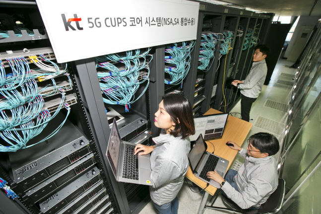 KT 직원들이 CUPS 기술이 적용된 5G 코어장비를 구축완료하고 시험하고 있다. ⓒ KT