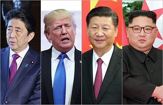(왼쪽부터) 아베 신조 일본총리, 도널드 트럼프 미국 대통령, 시진핑 중국 국가주석, 김정은 북한 국무위원장. ⓒ연합뉴스, 조선중앙통신