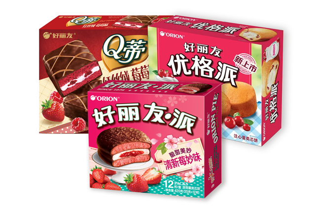 오리온 중국 주요 파이 제품 이미지(왼쪽 위부터 시계방향으로 큐티파이 레드벨벳, 요거트파이, 초코파이 딸기).ⓒ오리온