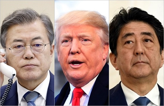 (왼쪽부터)문재인 대통령, 도널드 트럼프 미국 대통령, 아베 신조 일본 총리. ⓒ데일리안