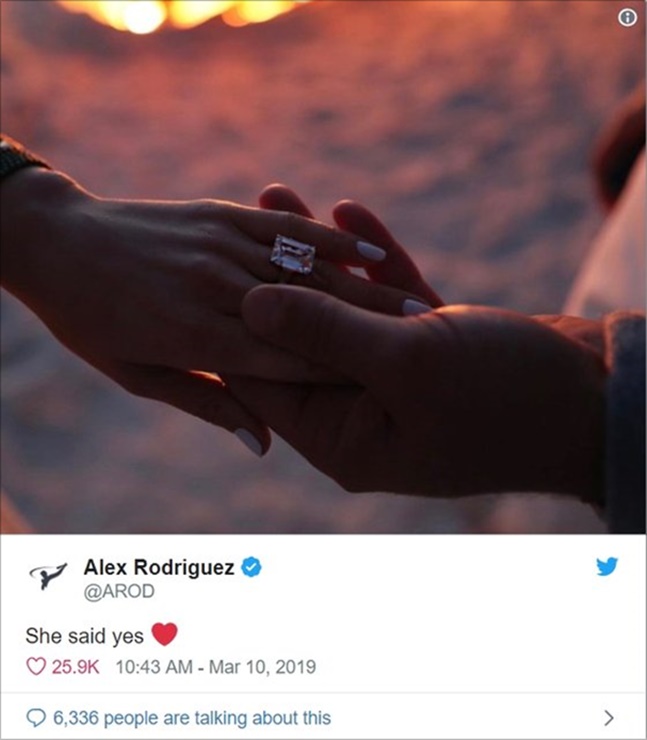 알렉스 로드리게스가 제니퍼 로페즈와의 약혼을 알렸다. 알렉스 로드리게스 인스타그램 캡처