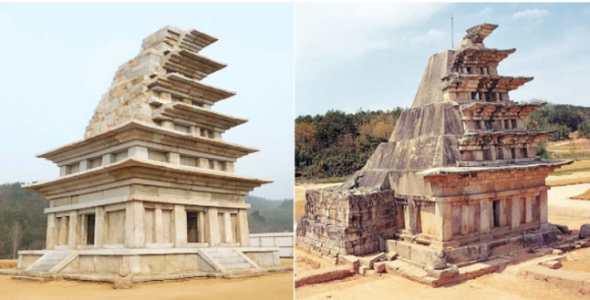 문화재청이 지난 23일 익산 미륵사지 석탑(국보 제11호)의 완전한 모습을 공개했다. 사진은 수리 전(왼쪽) 과 후 미륵사지 석탑 모습.ⓒ문화재청