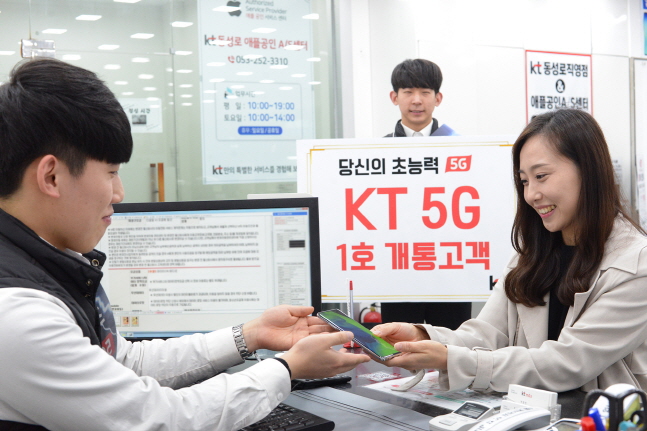 KT 1호 가입자 이지은씨가 지난 3일 대구 동성로 직영점에서 세계 첫 5G 스마트폰인 '갤럭시 S10 5G'을 개통하고 있다.  ⓒ KT