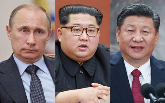 (왼쪽부터) 블라디미르 푸틴 러시아 대통령, 김정은 북한 국무위원장, 시진핑 중국 국가주석ⓒ조선중앙통신, 신화통신