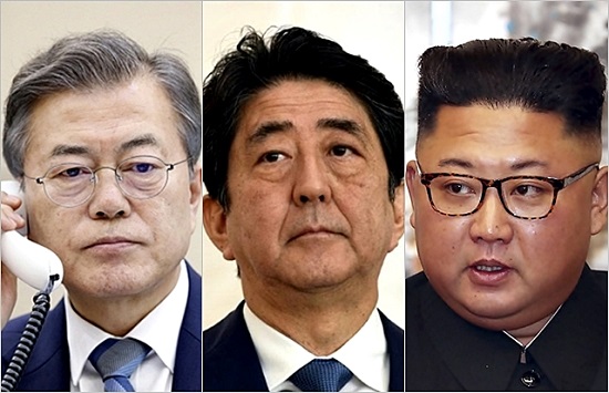 (왼쪽부터) 문재인 대통령, 아베 신조 일본 총리, 김정은 북한 국무위원장. ⓒ청와대, BBC 