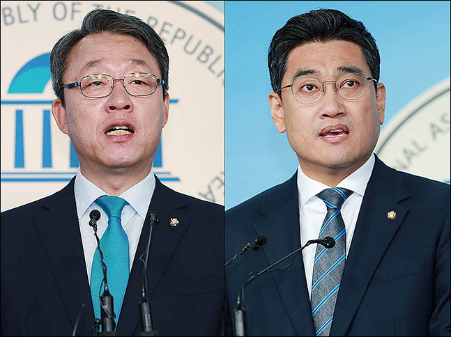 김성식 바른미래당 의원(왼쪽)과 오신환 의원(오른쪽)이 13일 오전 서울 여의도 국회 정론관에서 원내대표 경선 출마 선언을 하고 있다. (자료사진)ⓒ데일리안 류영주 기자