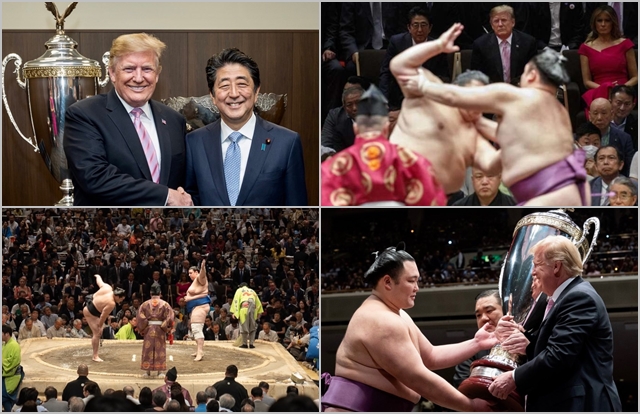 도널드 트럼프 미국 대통령과 아베 신조 일본 총리가 지난 26일 일본 도쿄 료고쿠 국기관에서 열린 스모 경기에 참관하고 있다.  ⓒ도널드 트럼프 트위터 