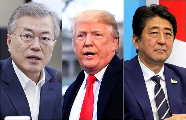 (왼쪽부터) 문재인 대통령, 도널드 트럼프 미국 대통령, 아베 신조 일본 총리 ⓒ청와대, BBC 