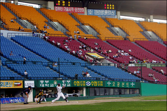 2004년 9월, 1위 현대와 3위 두산의 경기가 열린 잠실 구장. 지금은 상상할 수 없는 텅 빈 관중석이 인상적이다. ⓒ 연합뉴스