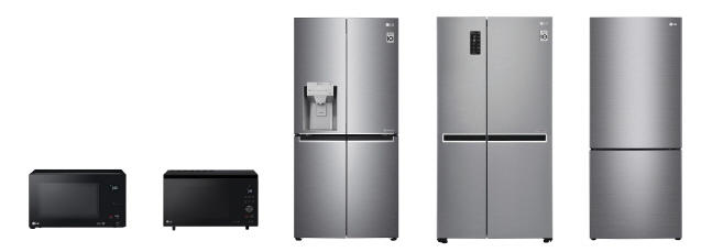 왼쪽부터 LG전자 전자레인지, 슬림 광파오븐, 프렌치도어 냉장고, 양문형 냉장고, 상냉장·하냉동 냉장고.ⓒLG전자