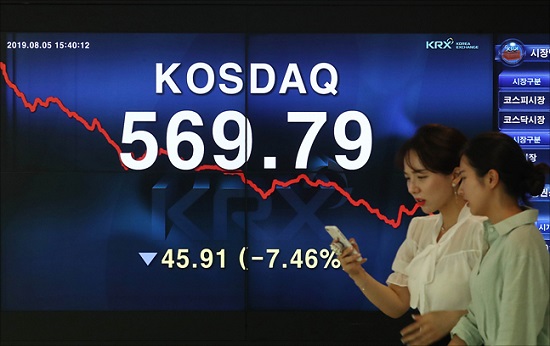 일본 수출규제 등의 영향으로 주식시장이 급락한 지난 5일 오후 서울 여의도 KRX한국거래소에서 코스닥(KOSDAQ)의 종가가 전일 대비 7.46% 폭락한 569.79포인트로 표시되고 있다. ⓒ데일리안 홍금표 기자