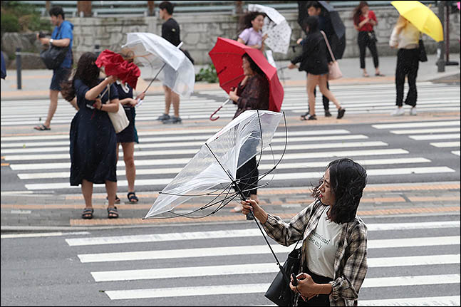 제13호 태풍 '링링'의 영향으로 강한 바람이 분 지난 7일 오후 서울 관악구 사당역 주변에서 한 시민이 부서진 우산을 보고 있다. ⓒ데일리안 류영주 기자