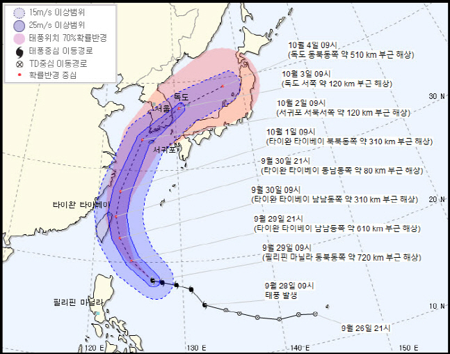 제18호 태풍 '미탁'이 수요일인 10월 2일 아침 제주 서쪽 바다를 지나 오후에 전남 해안으로 상륙할 것으로 보인다. ⓒ기상청