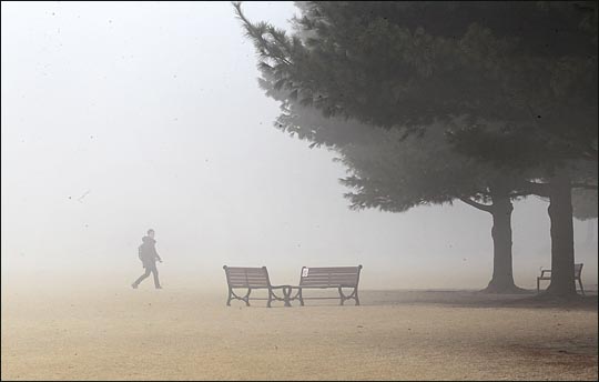 2일 전국의 날씨는 일부 지역을 중심으로 짙은 안개가 내려졌다. 서울 여의도 소재 국회에서 안개가 짙은 가운데 한 시민이 경내를 걸어다니고 있는 모습.ⓒ데일리안 박항구 기자