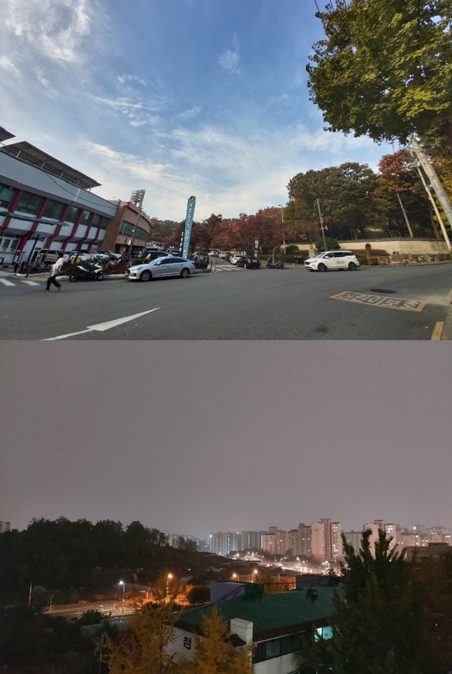 삼성전자 ‘갤럭시A90 5G’으로 촬영한 초광각 이미지(위쪽)와 야간모드로 촬영한 이미지.ⓒ데일리안 김은경 기자 
