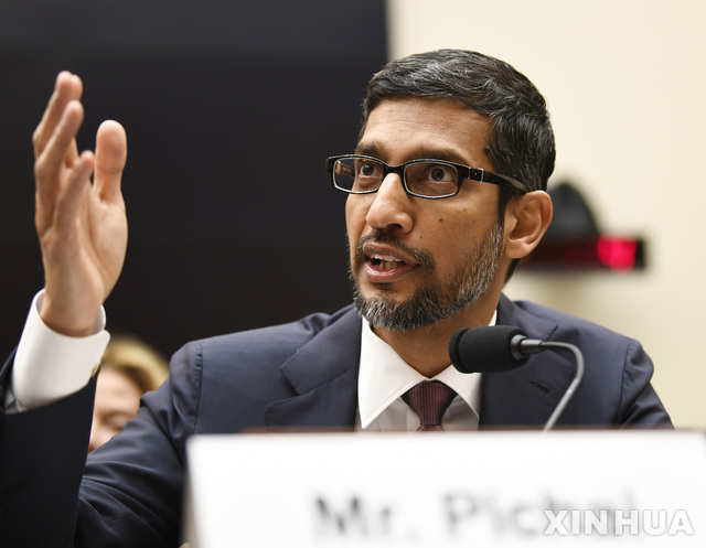 순다르 피차이 구글 최고경영자(CEO)가 11일(현지시간) 워싱턴D.C 하원 법사위원회 청문회에 출석해 발언하고 있다. 피차이 CEO는 90여 분간 이어진 청문회에서 구글에 의한 개인데이터 수집, 검색 결과 등에 관한 의원들의 질문에 답했다.ⓒ신화/뉴시스
