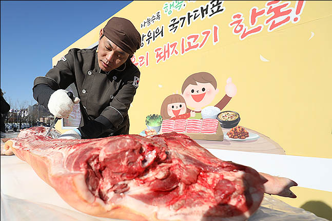 6일 오전 서울 종로구 광화문 광장에서 열린 우리 돼지 한돈 축제의 장 개막식에 돼지 발골쇼가 진행되고 있다. ⓒ데일리안 류영주 기자