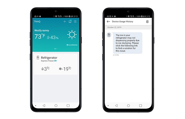 LG전자 ‘프로액티브 서비스’가 LG 씽큐 애플리케이션(앱)에 등록된 냉장고의 작동상태를 분석해 얼음 디스펜서에 생길 수 있는 고장 가능성을 사전에 감지하고 최적의 상태를 유지할 수 있는 관리방법을 알려주고 있다.ⓒLG전자