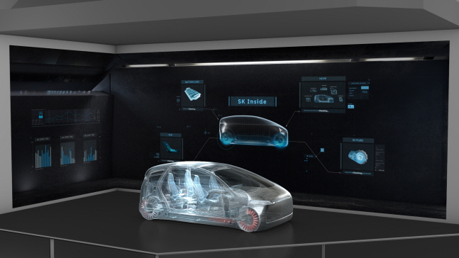 CES 2020에서 차량모형과 대형 스크린으로 구현한 SK이노베이션의 ‘SK Inside’ 모델 이미지.ⓒSK이노베이션