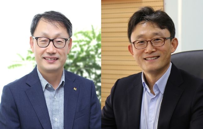 구현모 KT 최고경영자(CEO) 내정자(왼쪽)와 박윤영 기업부문장(사장).ⓒKT