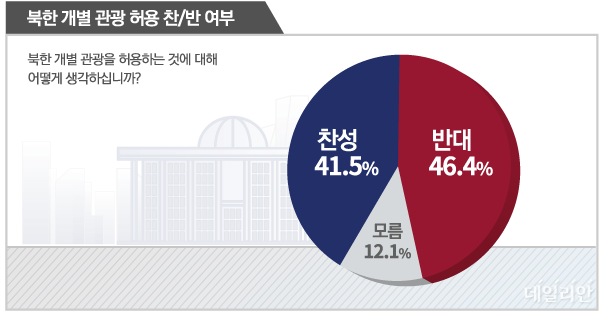 데일리안이 알앤써치에 의뢰해 21일 설문한 결과에 따르면, 국민 46.4%가 현 정권이 추진하는 북한 개별관광에 반대 의사를 나타냈다. ⓒ데일리안 박진희 그래픽디자이너