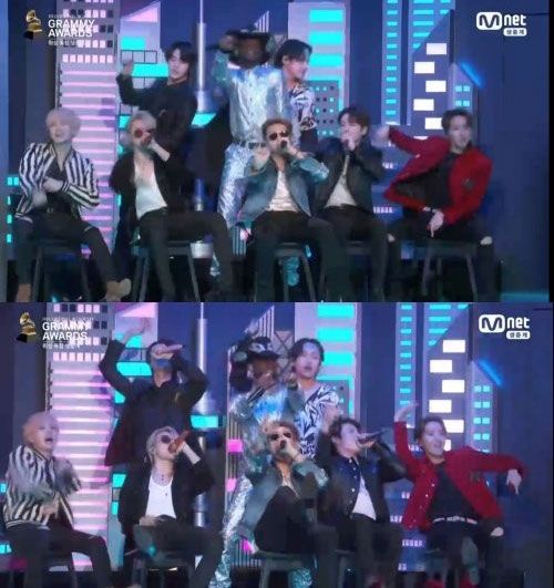 그룹 방탄소년단(BTS)이 한국 가수로는 처음으로 미국 대표 음악 시상식 '그래미 어워드' 무대에 올랐다. 엠넷 방송 캡처