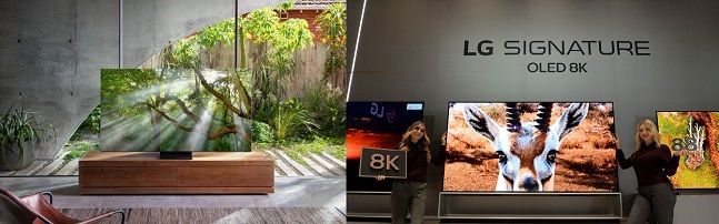 삼성전자 QLED 8K 신제품 ‘Q950TS’(왼쪽)·LG전자 유기발광다이오드(OLED) 8K 신제품 ‘LG 시그니처 올레드 8K’.ⓒ각 사