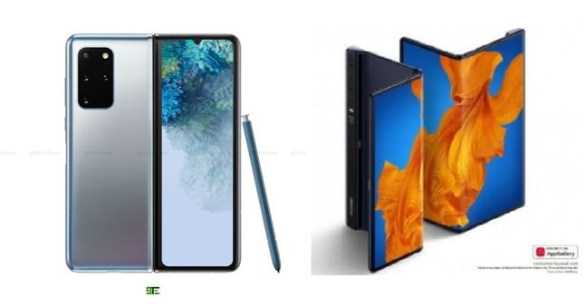 삼성전자 차기 폴더블 스마트폰 ‘갤럭시폴드2’(가칭) 예상 렌더링 이미지(왼쪽)와 화웨이 폴더블 스마트폰 ‘메이트Xs’ .ⓒ9테크일레븐 트위터 캡처·화웨이
