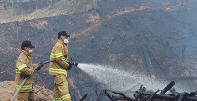 대전 유성구 대정동의 한 야산에서 산불이 발생해 소방대원들이 잔불을 끄고 있다.(자료 사진)ⓒ뉴시스