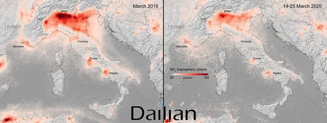 (왼쪽부터)지난해 3월‧올해 3월 중순 이탈리아 이산화질소 배출 현황. ⓒ유럽우주국 홈페이지 갈무리
